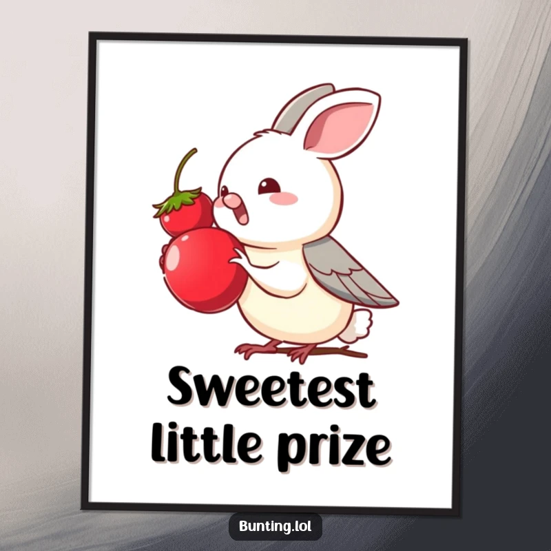 Funny bunting bird character eagerly reaching for a tempting berry, as a digital art print, capturing a moment of delightful craving.