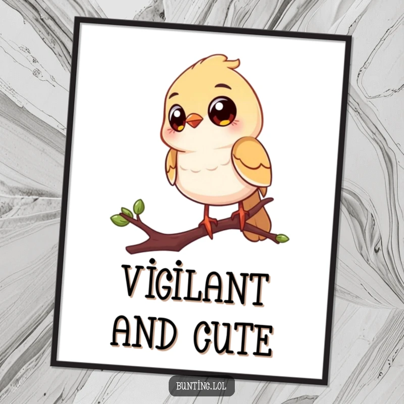 Funny digital art print of a cheerful bird with large eyes, perched on a twig, observing humorously, ready for instant download.