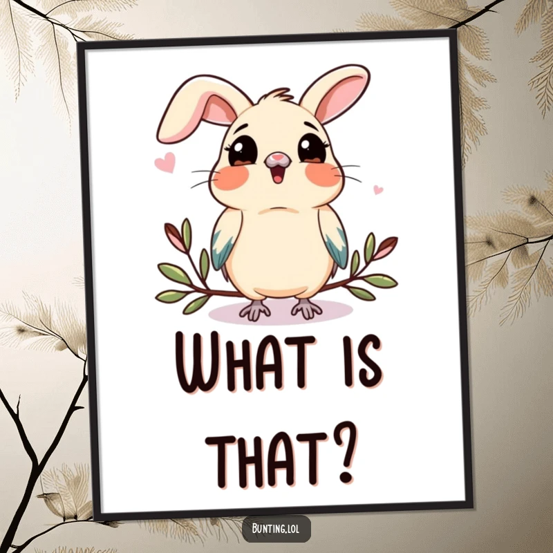 Funny bunting digital art print showing a bird tilting its head, observing something new with playful curiosity and a hint of amusement.