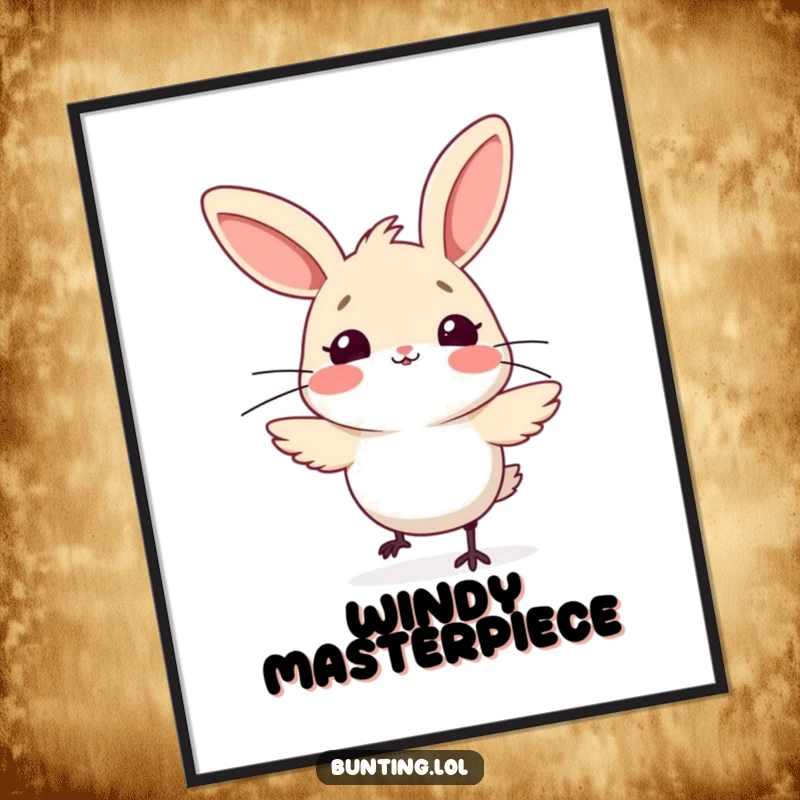 Funny bunting bird digital art print, comically surprised by a sudden gust of wind, a humorous and charming illustration.