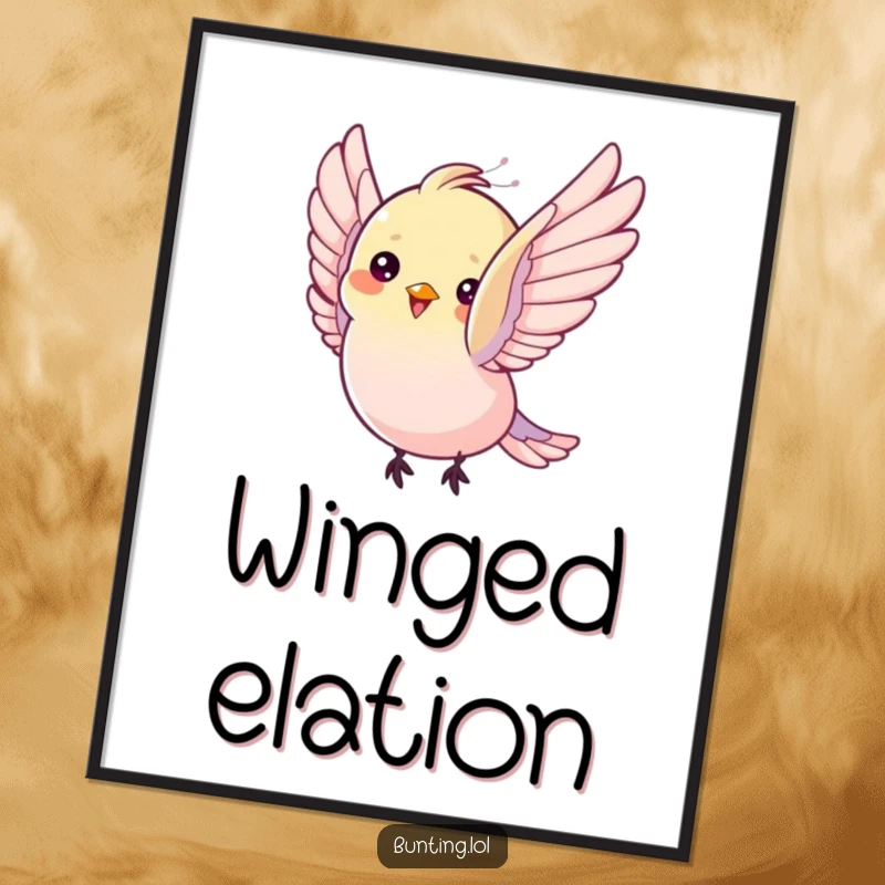 Funny Digital Art Print: Bunting bird flutters its wings with pure delight, offering instant humorous wall art.