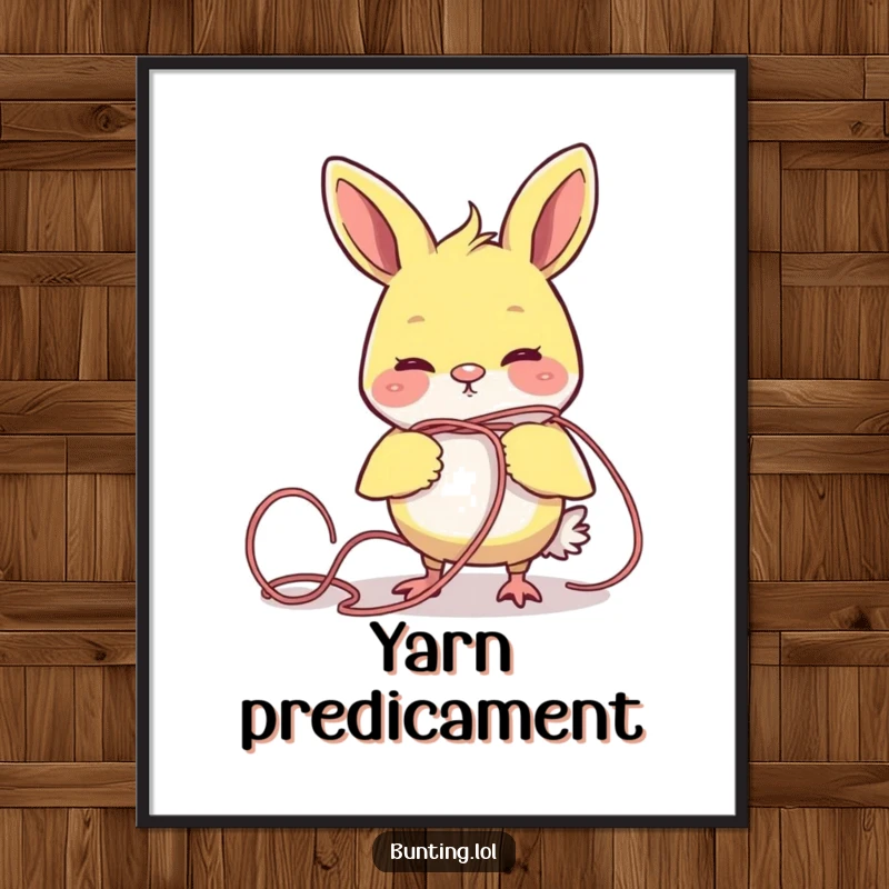 Funny bunting bird comically tangled in yarn, available as a hilarious digital art print.