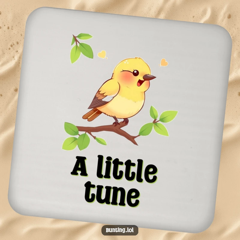 Funny bunting bird coasters featuring a chirping bird on a branch, protecting surfaces with humor, an ideal funny gift set.