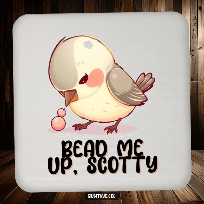 Funny drink coaster featuring a curious bird pecking at a small, shiny bead, humorously protecting your surfaces.