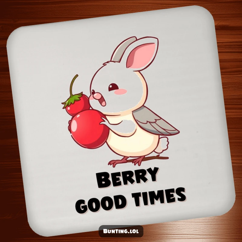 Funny bunting bird character eagerly reaching for a tempting berry, on a drink coaster, offering protection with a focus on snacks.