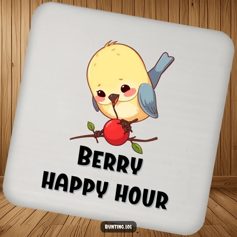 Funny bunting coaster with a bird comically pecking a tiny berry, protecting surfaces with a touch of avian humor.