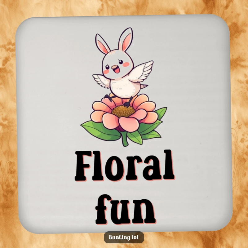 Funny Coaster featuring a cute bunting character hopping energetically on a flower, adding a spark of life to your table.