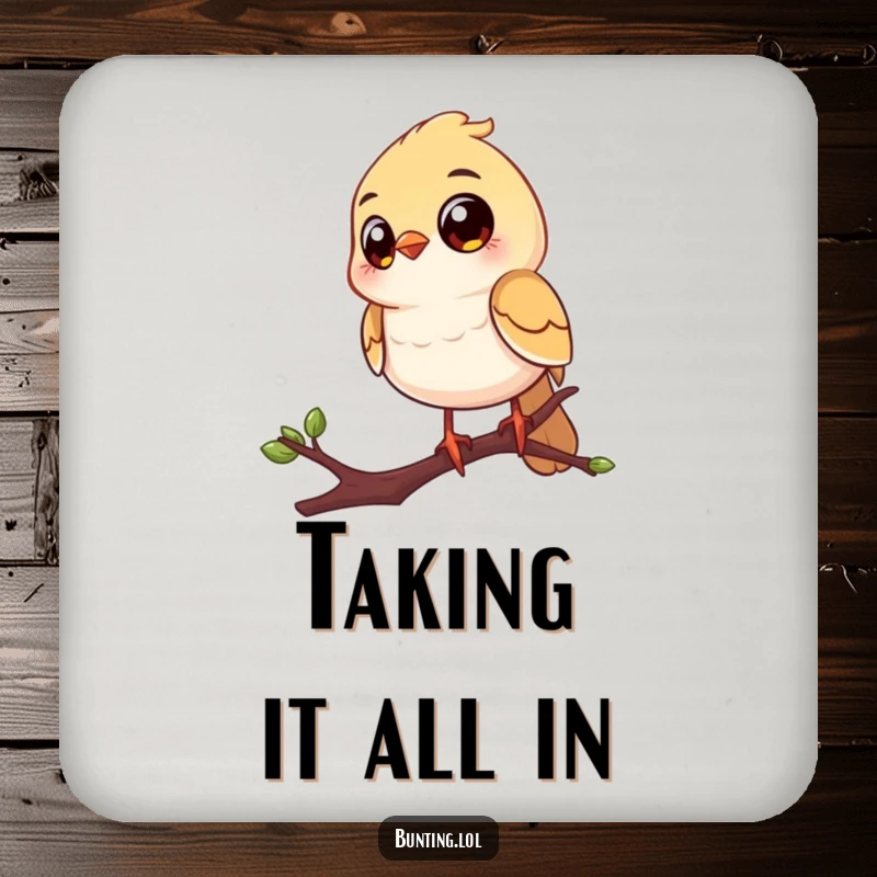 Funny drink coaster featuring a cheerful bird with enormous eyes, perched on a twig, humorously guarding your surfaces.