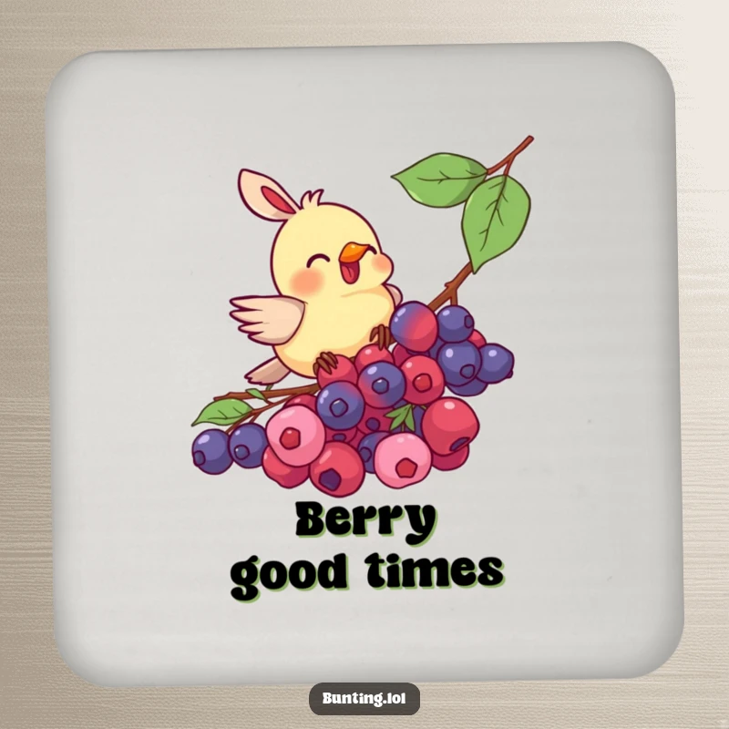 Funny bunting bird drink coaster, enthusiastically pecking at a cluster of ripe berries, adding humor to drink service.