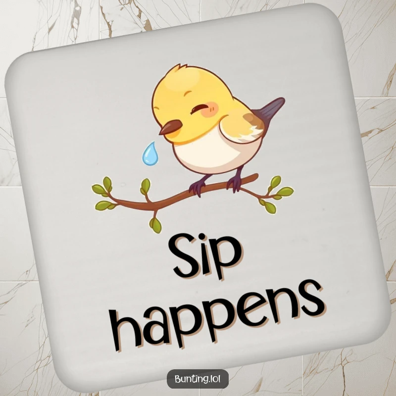 Funny Bunting Coaster depicting a bird pecking a dewdrop, a small yet charming piece of humorous drinkware.