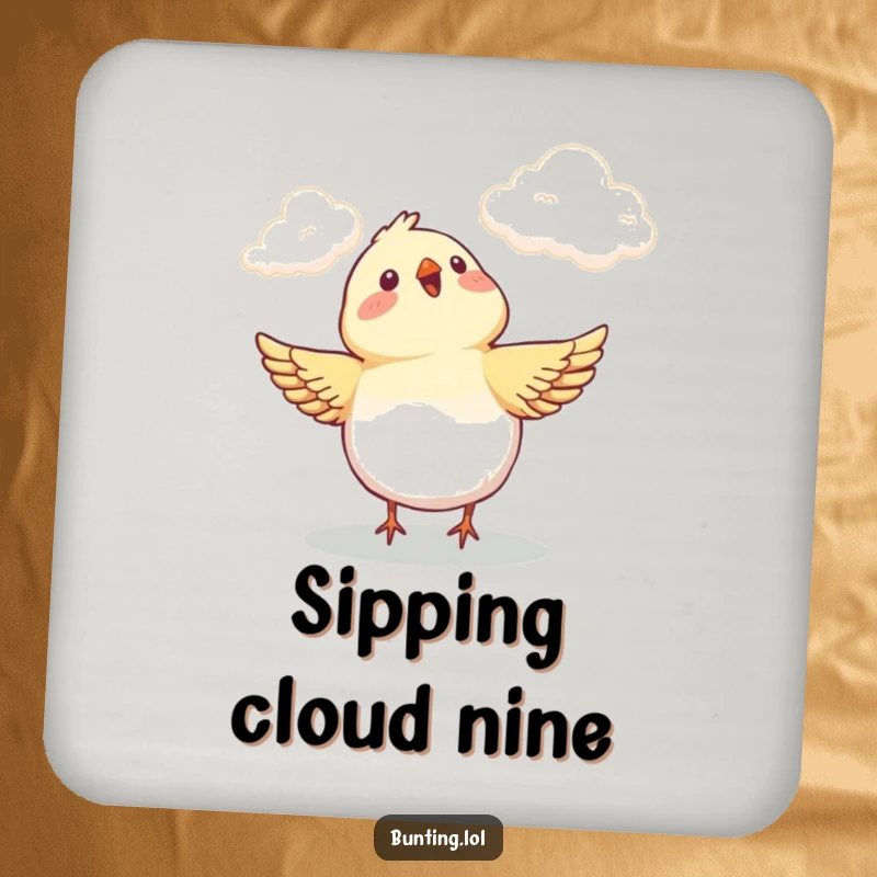 Funny Coaster depicting a bunting bird's delighted look towards the clouds, adding humorous charm to your drinks.