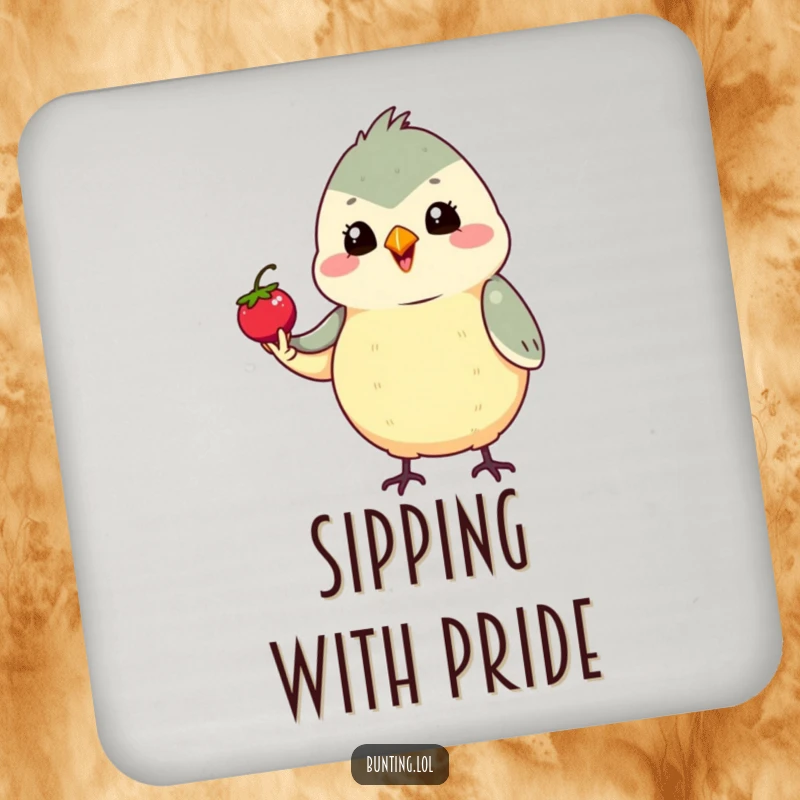 Funny Bunting Coasters featuring a cute proud bird holding a tiny berry, adding humor and charm to any table setting, a perfect funny gift.