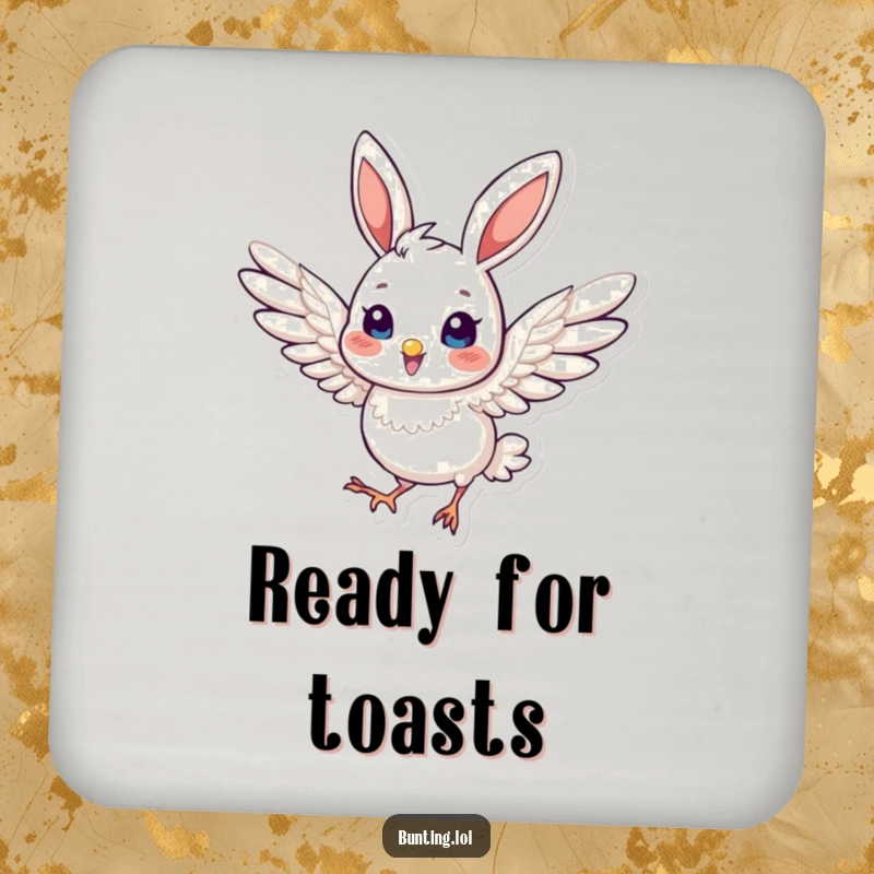 Funny Coaster set with a cute bunting bird in a dynamic pose with slightly extended wings, adding a decorative touch.