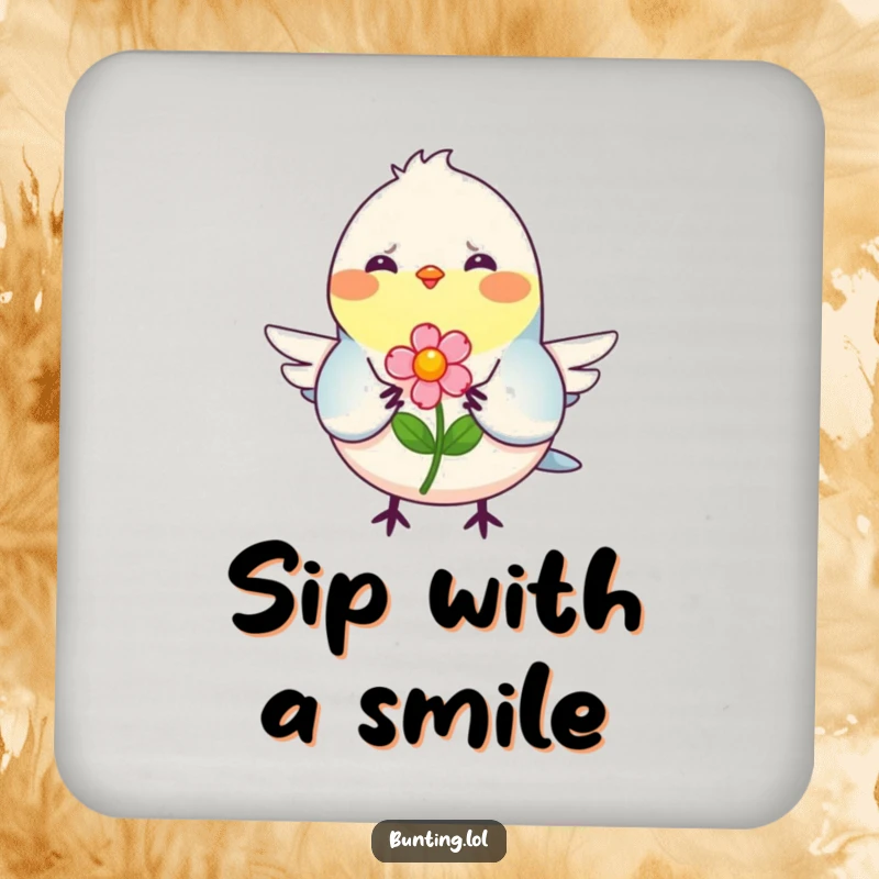 Funny Coaster showcasing a smiling bunting bird offering a flower, adding a humorous and sweet touch to any drink.