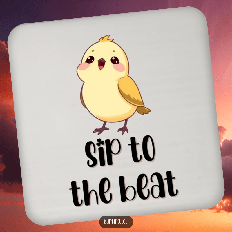 Funny bunting bird coaster set showing a bunting tilting its head, enjoying a song, protecting surfaces with musical humor.