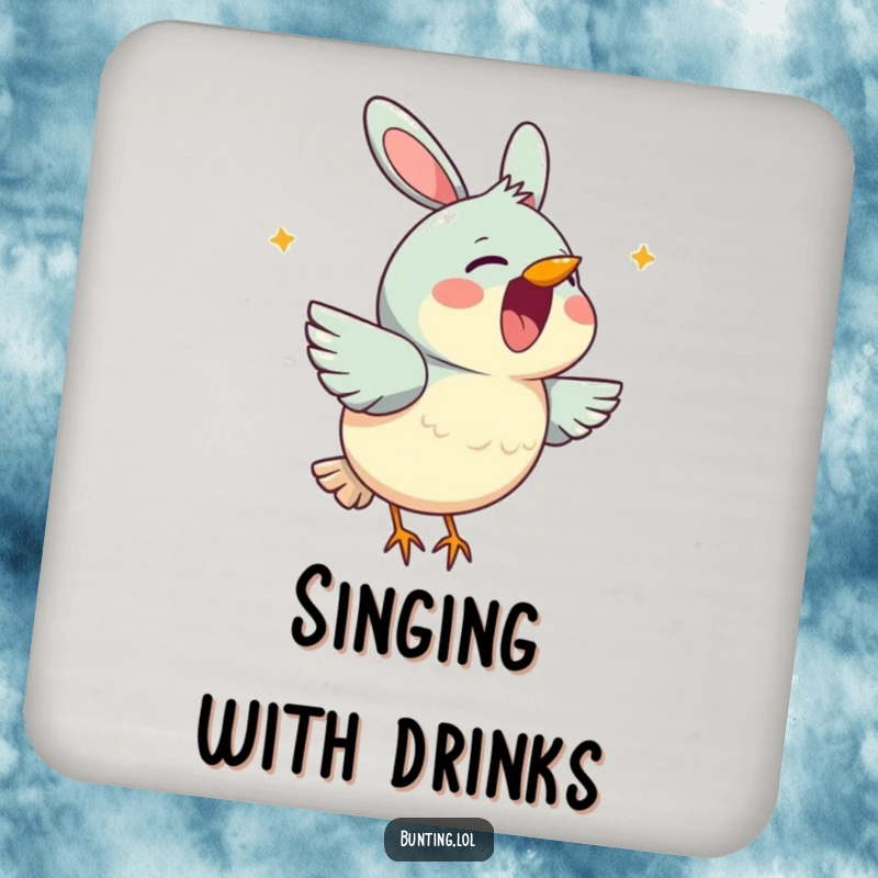 Funny bunting coaster with a cute bird character cheerfully singing with its beak open, adding musical humor to surfaces.