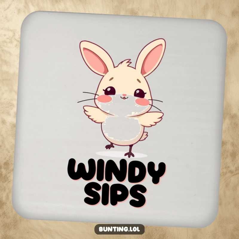 Funny bunting bird drink coaster, comically surprised by a gust of wind, adding a humorous touch to drink service.