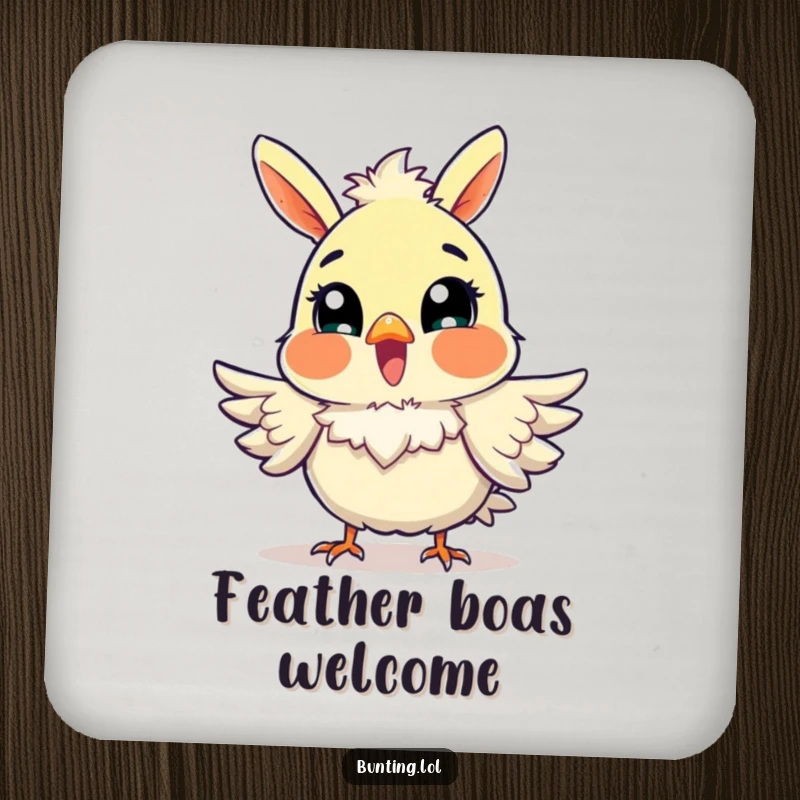 Funny Bunting Coasters (Set of 4) featuring an excited bird fluffing its feathers, adding joy and protection.