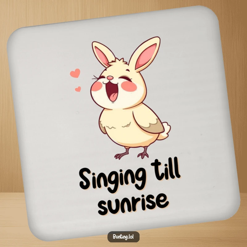 Funny bunting drink coasters, depicting a bird singing with its beak wide open, perfect for tables and musical vibes.