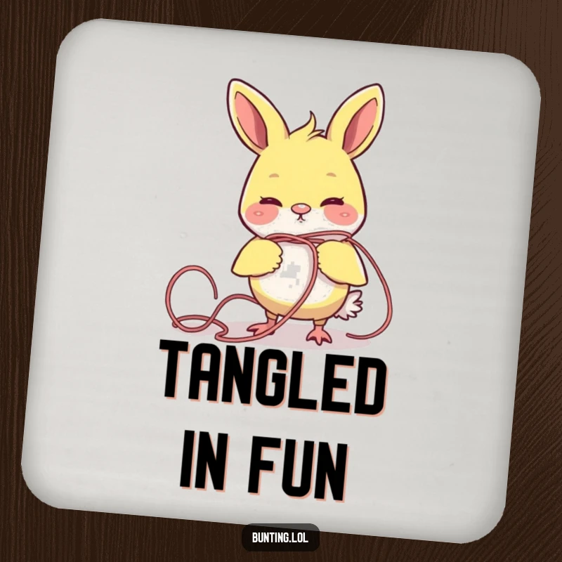 Funny bunting bird comically tangled in yarn, featured as a protective and humorous drink coaster.
