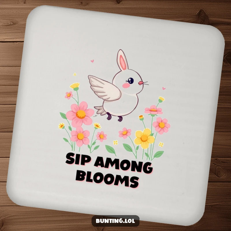 Funny Bunting Drink Coaster featuring a bird zipping through flowers, adding vibrant humor.