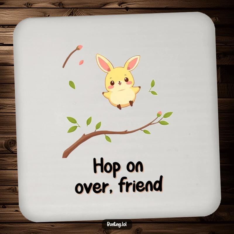 Funny bunting bird coasters featuring a character playfully hopping between twigs, protecting surfaces with charm.