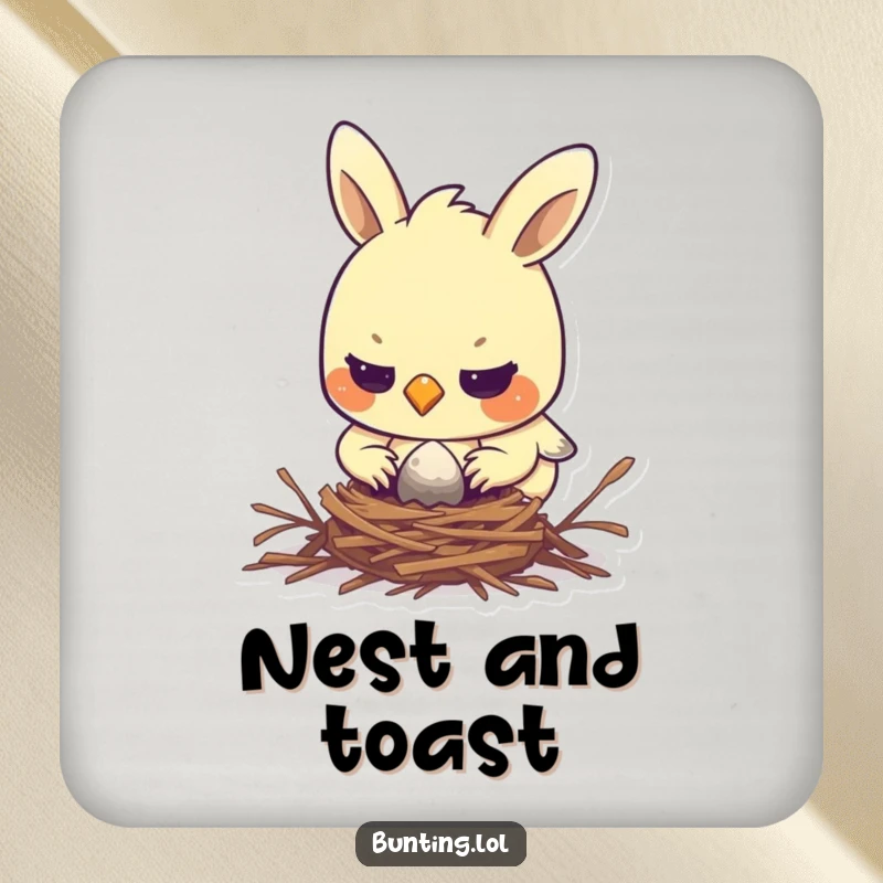 Funny bunting drink coaster with a determined bird diligently building a nest, adding a touch of focused humor.