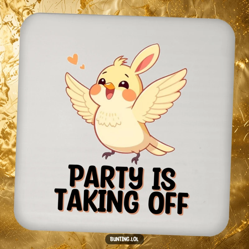 Funny bunting bird coaster featuring an excited bunting character fluttering its wings, adding a humorous touch of playful energy and surface protection.