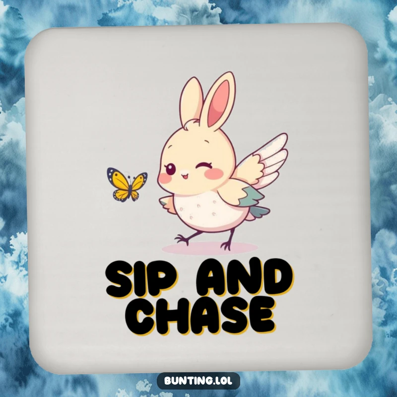 Funny bunting bird character playfully chasing a butterfly, printed on a drink coaster, offering protection with a smile.