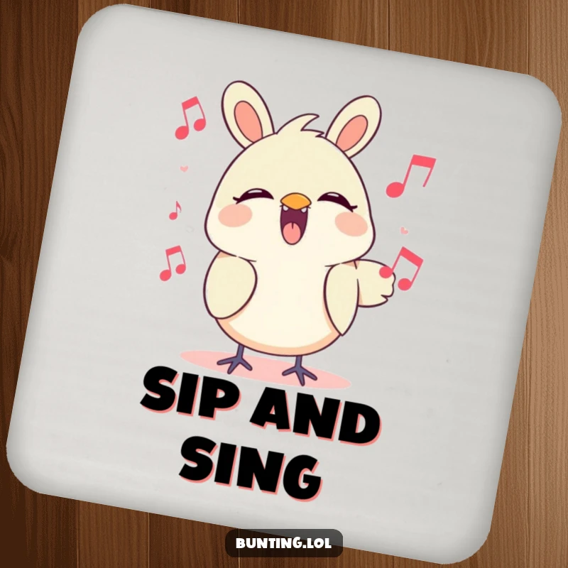 Funny Coaster with a cute bunting character singing its heart out, protecting surfaces with musical charm.