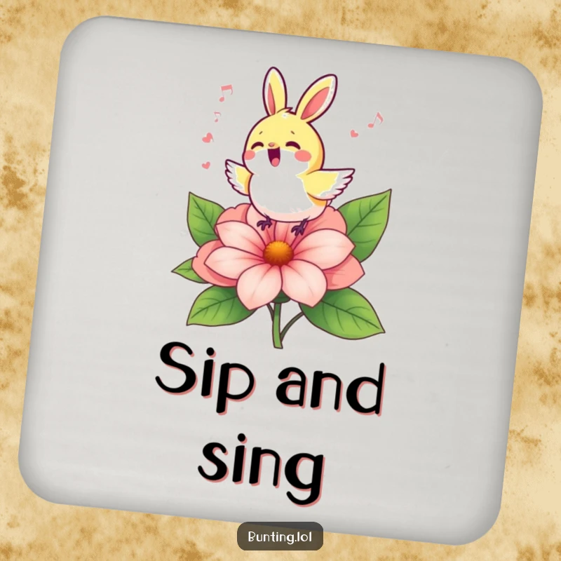 Funny bunting bird singing on a flower, designed as a protective and charming drink coaster.
