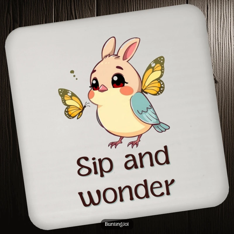 Funny bunting drink coaster showcasing a curious bird tilting its head at a butterfly, adding a touch of whimsical humor.