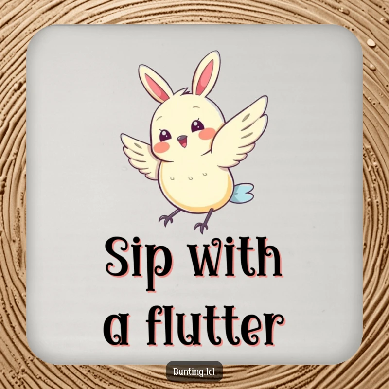 Funny Bunting Coasters featuring a cute bird doing a joyful wing flutter, adding humor and charm to any table setting, a perfect funny gift.