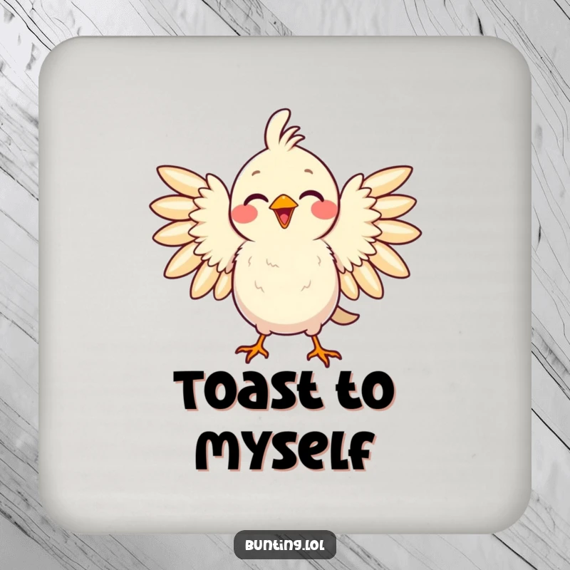 Funny drink coaster featuring a delighted bird puffing its feathers with pride, humorously protecting your surfaces.