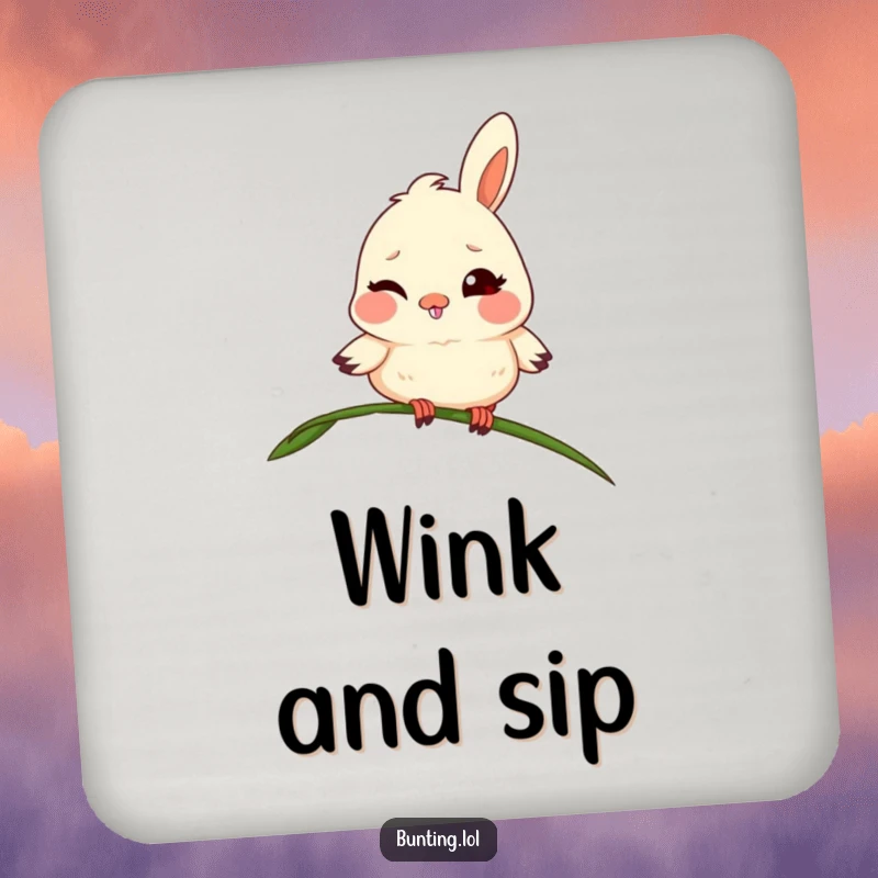 Funny bunting drink coaster with a mischievous bird winking from a blade of grass, adding humor to table settings.