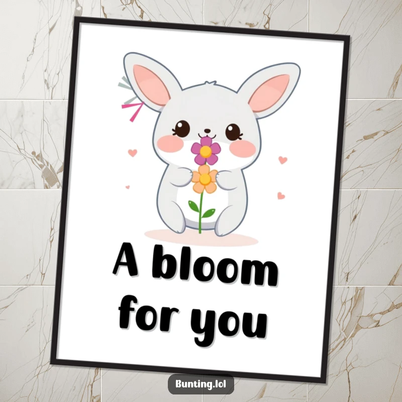 Funny Bunting Poster depicting a bird smiling as it offers a small, colorful flower, symbolizing kindness and joy.