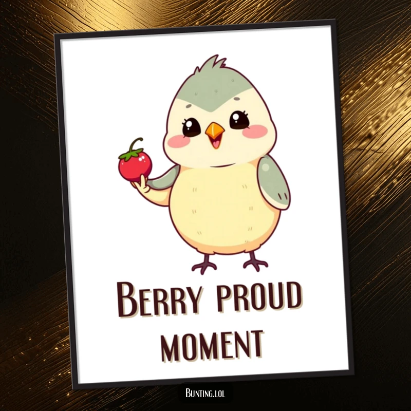 Funny Bunting Poster featuring a cute bird proudly holding a tiny berry, a charming piece of funny wall art and gift.