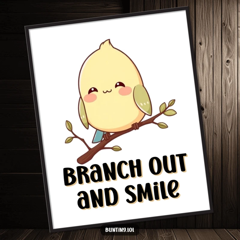 Funny bunting bird poster illustrating a character perched contentedly on a branch with a serene smile, peaceful art.