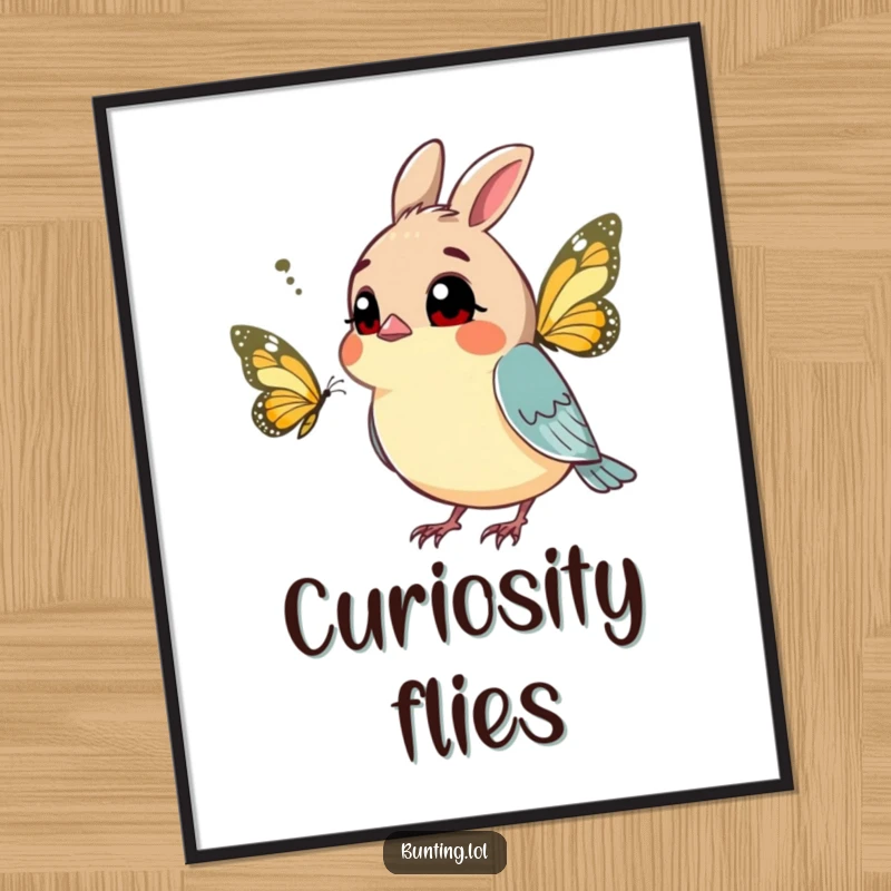 Funny bunting poster depicting a curious bird tilting its head at a passing butterfly, bringing wonder to any room.