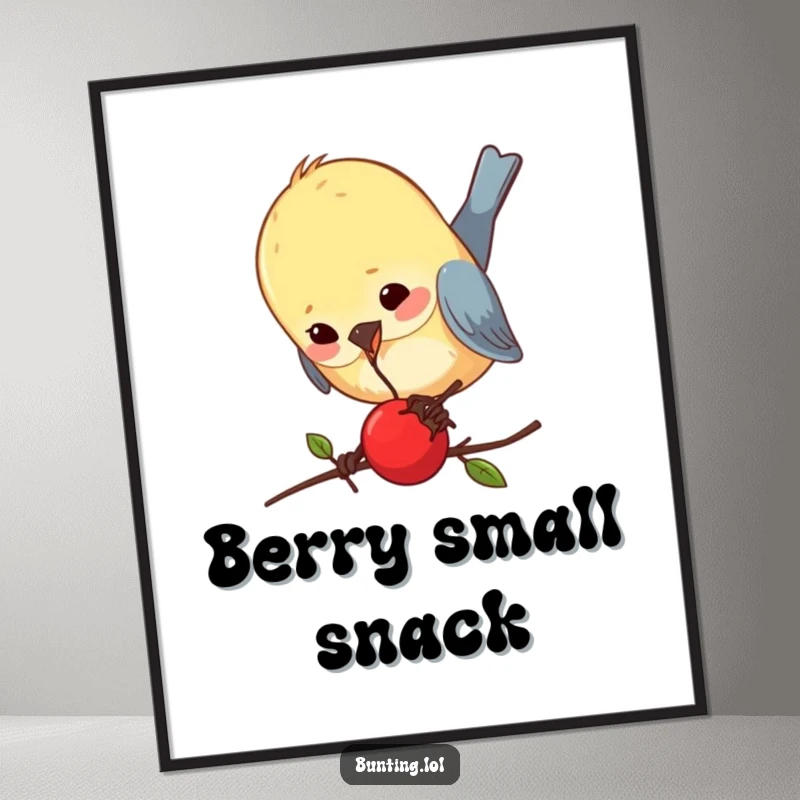 Funny bunting poster showcasing a bird comically pecking an absurdly small berry, capturing a moment of intense, humorous focus.