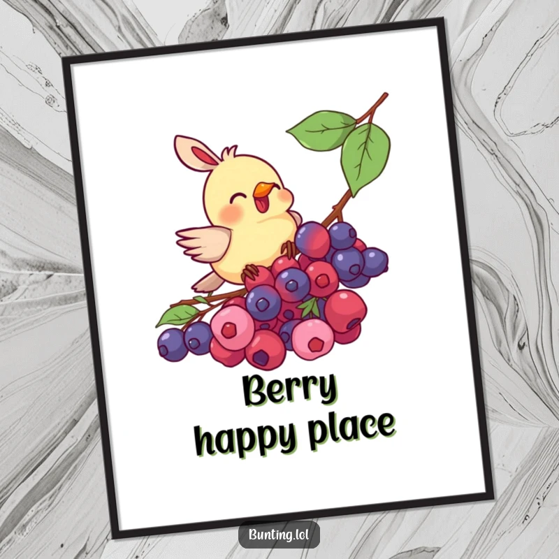 Funny bunting bird poster, enthusiastically pecking at a cluster of ripe berries, bringing a touch of playful avian humor to wall art.