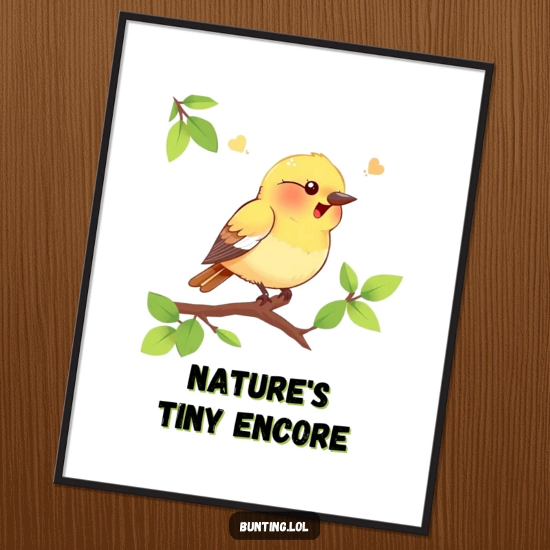 Funny bunting bird poster showing a happy bird chirping on a branch, vibrant wall decor adding humor and charm, excellent funny gift.