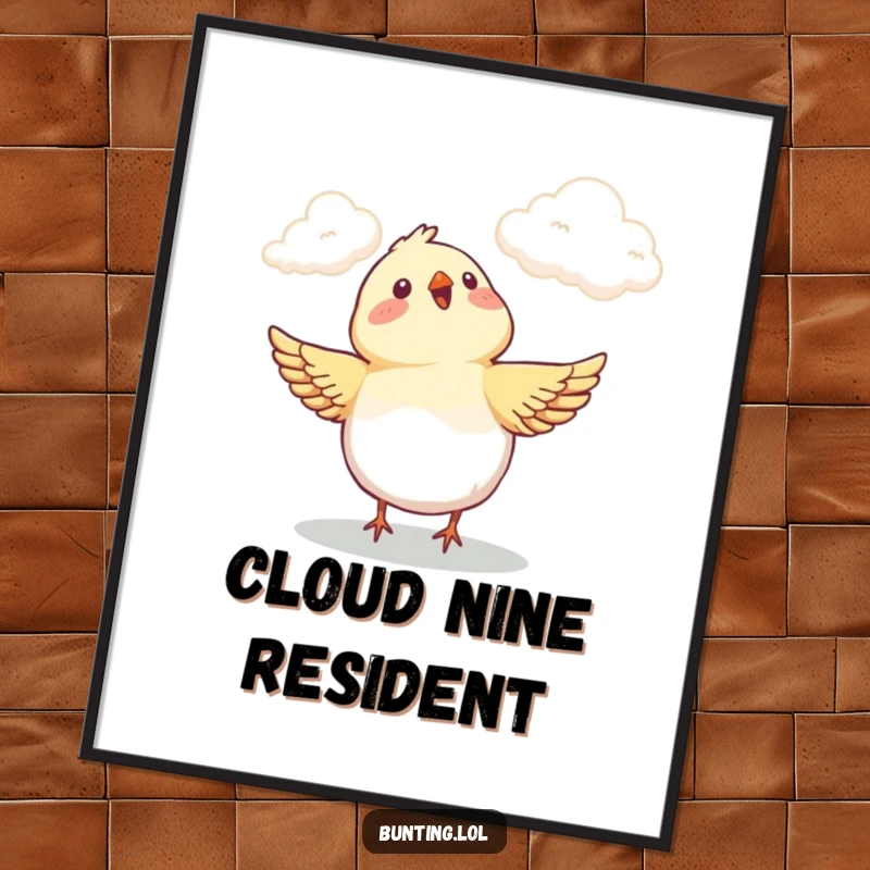 Funny Poster displaying a bunting bird filled with delight while looking at the clouds, celebrating carefree happiness.