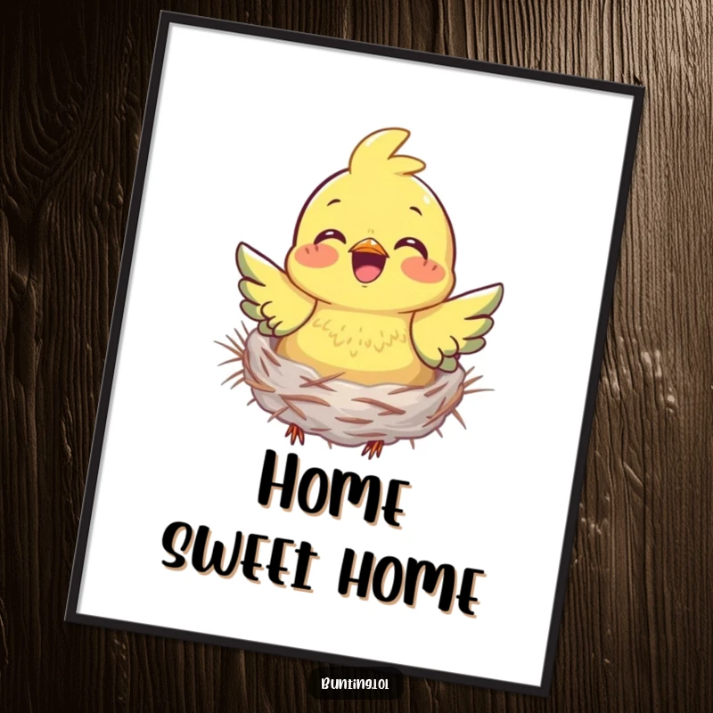 Funny bunting poster capturing a bird happily gathering nesting material, symbolizing diligence, joy, and the creation of a home.