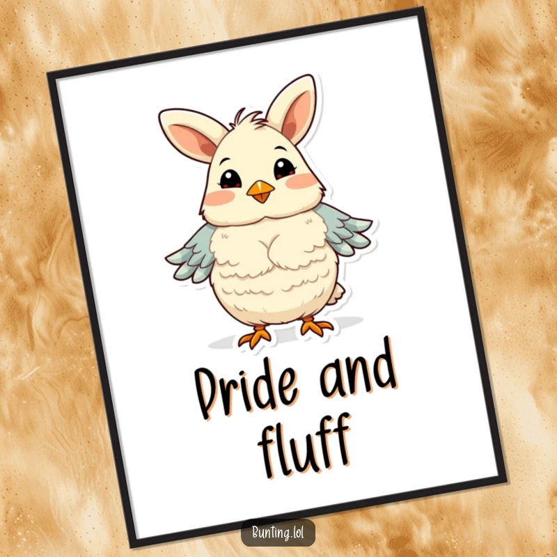 Funny bunting bird poster, fluffing its chest feathers with exaggerated pride, a humorous and uplifting piece of wall art.