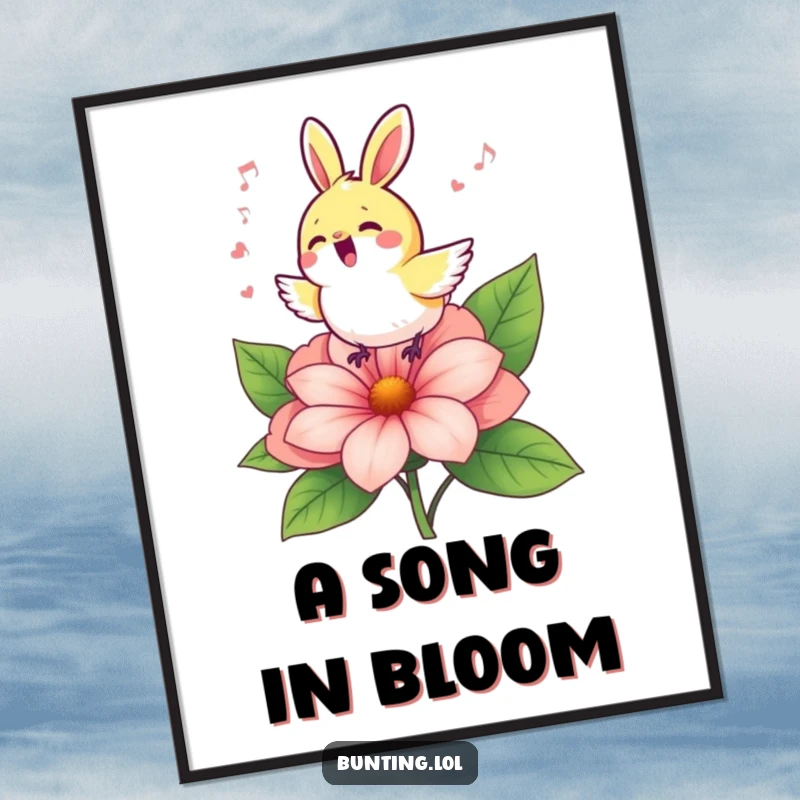 Funny bunting bird singing its heart out on a blooming flower, presented as cheerful and vibrant wall art.