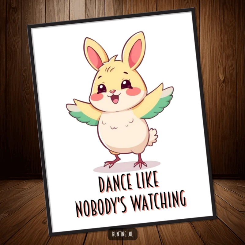 Funny Bunting Poster featuring a cute bird in a lively dance, exuding joy and humor, a charming piece of funny wall art and gift.
