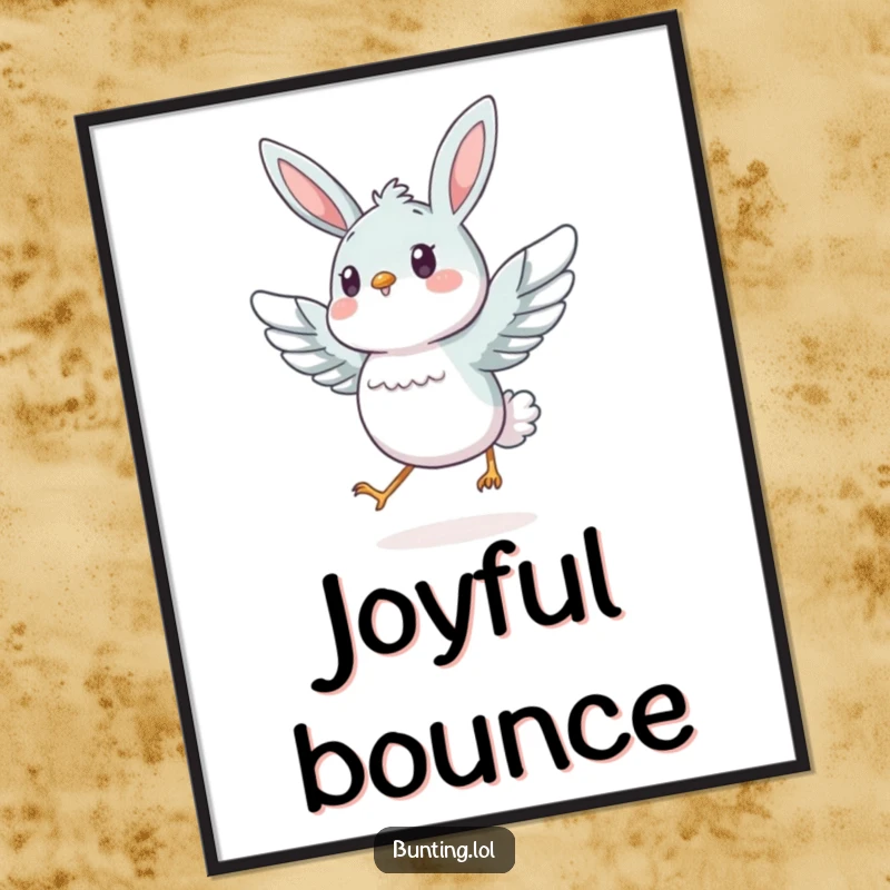 Funny bunting bird captured mid-hop with energetic wing spread, presented as dynamic and fun wall art.