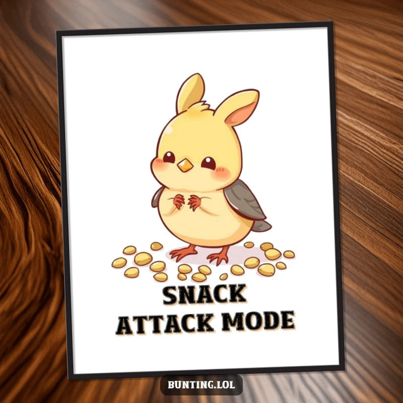 Funny Pecking Bunting Poster: Charming depiction of a cute bird actively pecking seeds, creating a funny, lively scene.