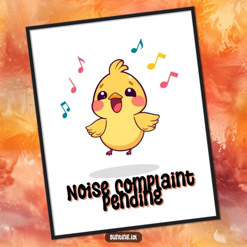 Funny Poster featuring a small, vibrant bird character joyfully singing, surrounded by colorful musical notes, creating an uplifting and artistic display.